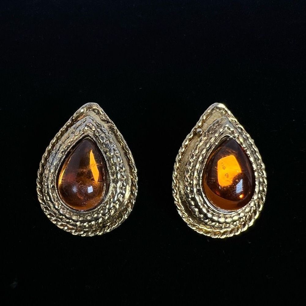 Vintage Faux Amber Stud Earrings Gold Tone Statement